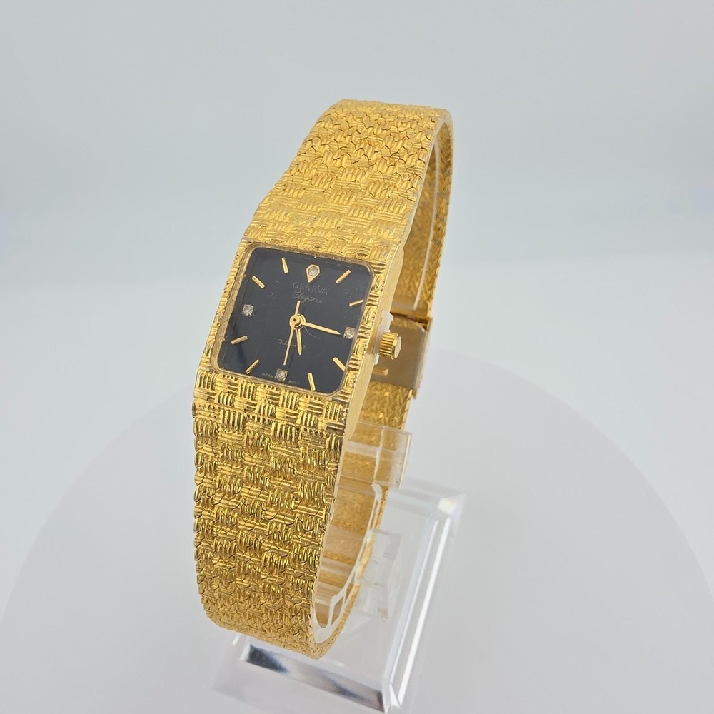 Vtg GENEVA Elegance Ladies Watch Crystal Indices Basket Weave Band Gold Plate 8"